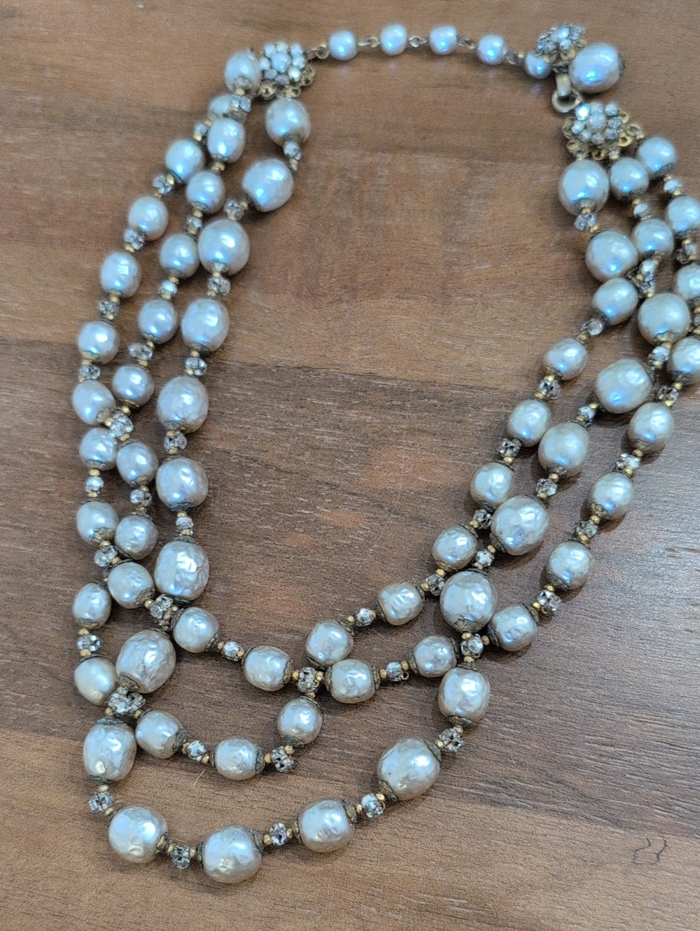 Miriam Haskell VINTAGE Cream Pearl and Gold-Tone Bead Three-Strand Necklace